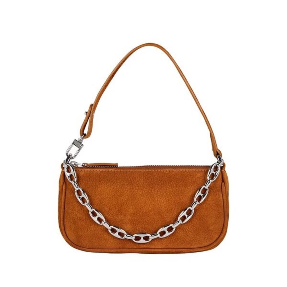 BY FAR Mini Rachel Chain-Embellished Suede Baguette Bag - Picture 2 of 7